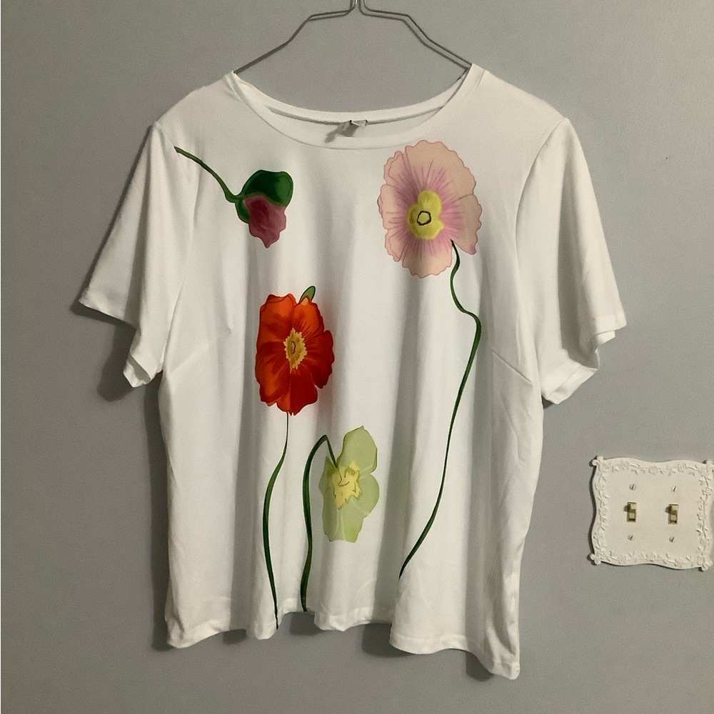 Cato White Tee with Pink Floral Design